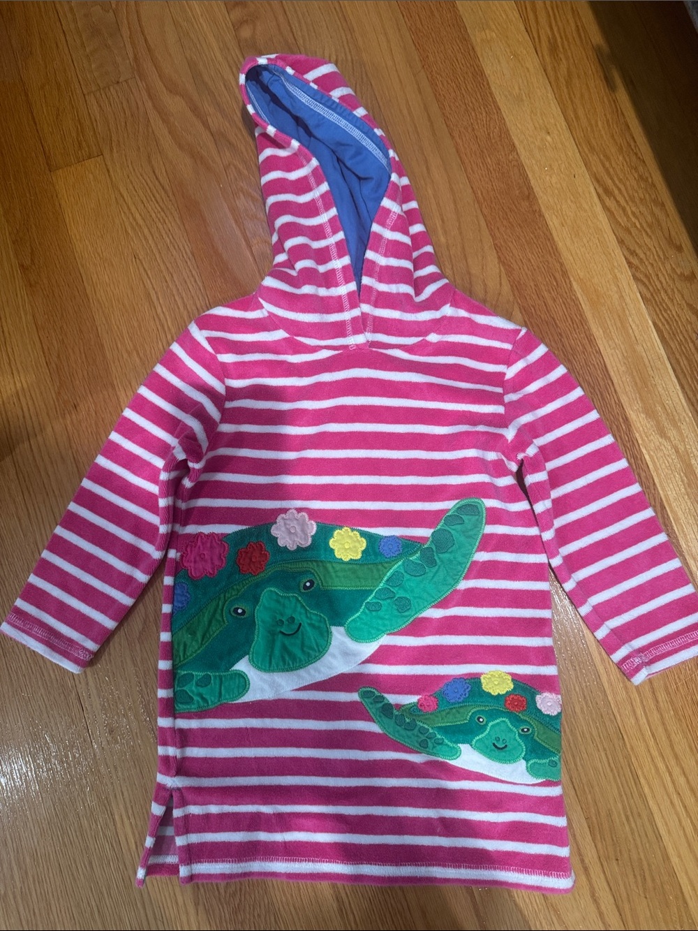 Mini Boden Pink & White Striped Hooded Tunic with Green Turtle Appliqués